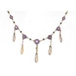 Suffragette interest unmarked gold necklace set with amethyst, pearls and peridot, 40cm in length,