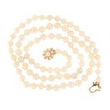 Single string pearl necklace with 9ct gold clasp, 70cm in length, 50.4g :For Further Condition