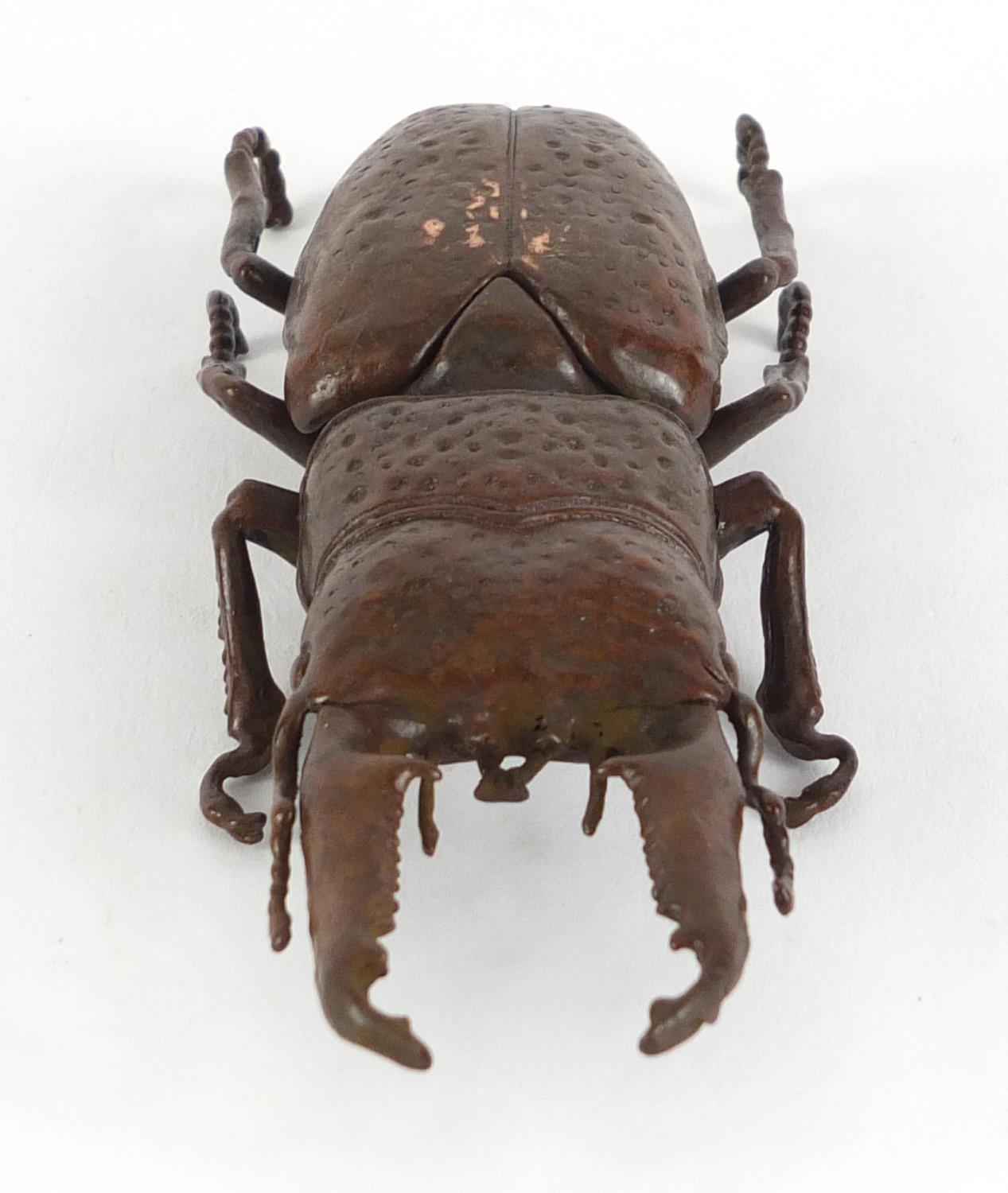 Japanese patinated bronze stag beetle, impressed marks to the underside, 13.5cm in length :For - Image 5 of 7
