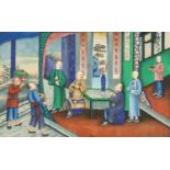 Chinese pith painting of monks in an interior, mounted and framed, 30cm x 19cm :For Further