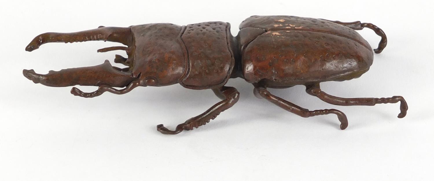 Japanese patinated bronze stag beetle, impressed marks to the underside, 13.5cm in length :For - Image 2 of 7