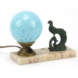 French Art Deco marble bird design table lamp with globular glass shade, 20cm wide :For Further