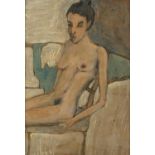 Nude female seated in an interior, oil onto board, bearing inscriptions verso, framed, 41cm x 29.5cm