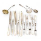 Set of five silver and mother of pearl fish knives and forks, together with three other silver