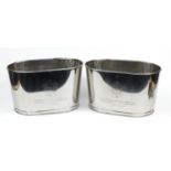 Large pair of stainless steel Bollinger design champagne ice buckets, 26cm high x 44cm wide :For