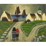 Manner of Markey Robinson - Figures before cottages and boats in water, Irish school oil on