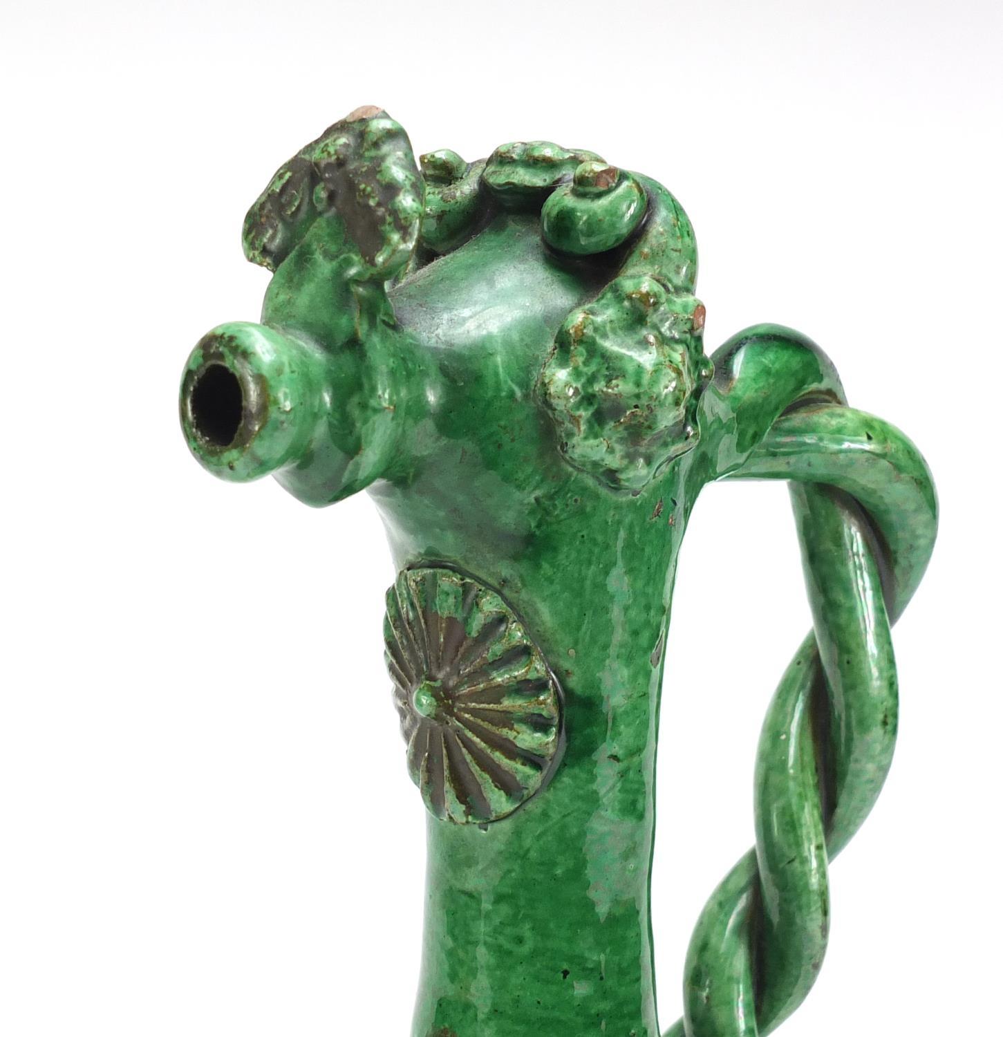 Turkish Canakkale green glazed pottery ewer with applied flower heads, 39cm high :For Further - Image 2 of 6