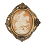 Victorian cameo brooch carved with a female on horseback slaying a dragon, set in a gilt metal
