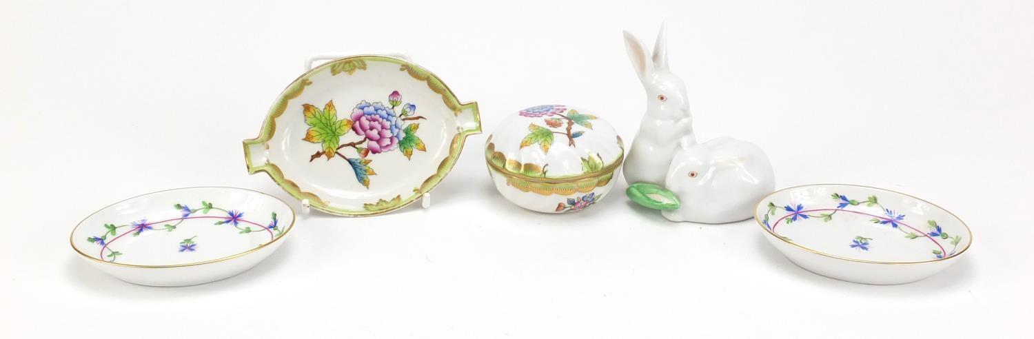 Herend of Hungary porcelain comprising a model of two rabbits, pot and cover and three dishes, the