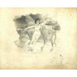 Adolphe Willette - Nude female with a bull, French political cartoon, pencil, framed, 37.5cm x 29.