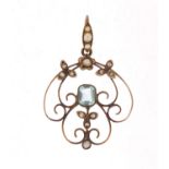 Art Nouveau unmarked gold blue stone and seed pearl pendant, 4cm in length, 2.5g :For Further