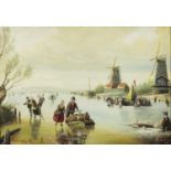 Dutch snowy winter landscape with windmills, oil on board, bearing an indistinct signature,