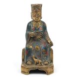 Chinese gilt bronze and enamel figure of a seated emperor, 23.5cm high :For Further Condition
