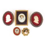 Five portrait miniatures including one onto porcelain of a young girl housed in a brooch mount and a