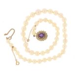 Single string pearl necklace with 9ct gold amethyst clasp, 36cm in length, 29.7g :For Further