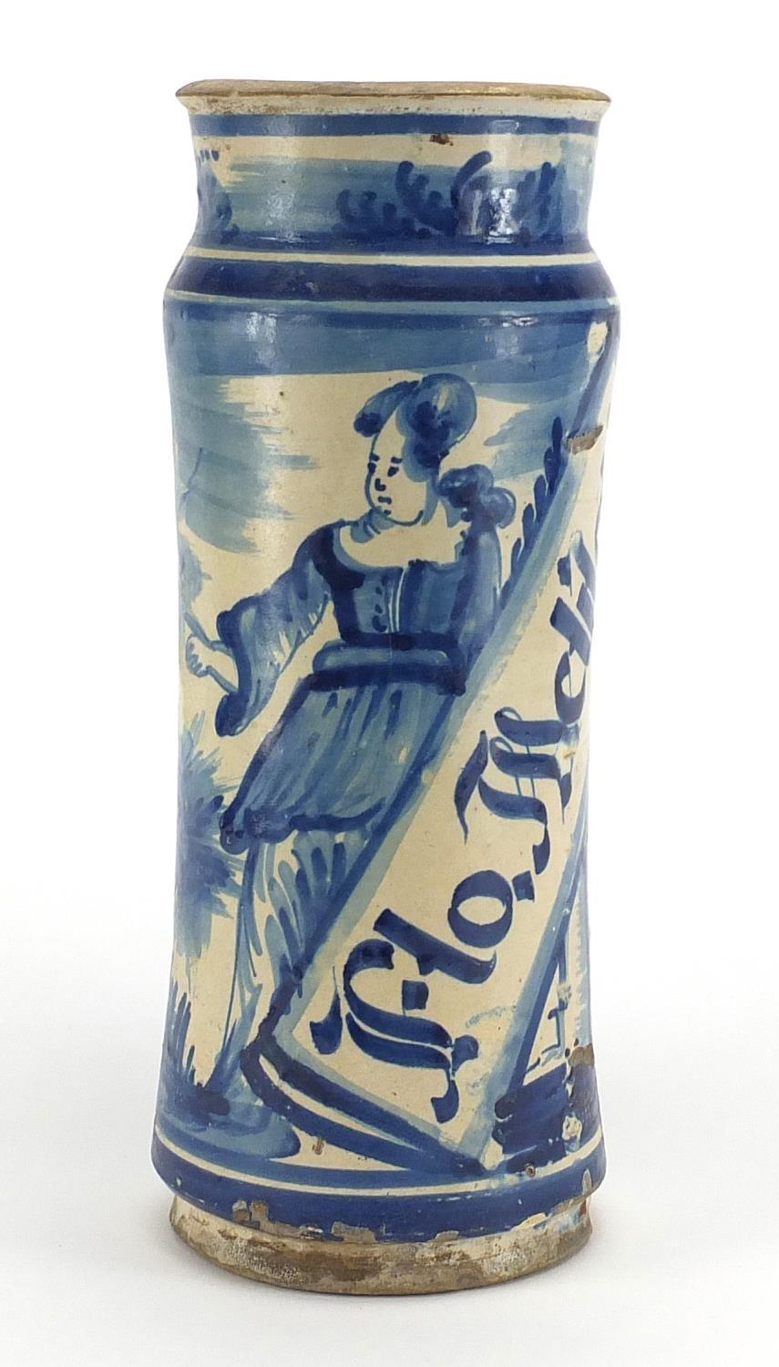 Antique Delft tin glazed drug jar, hand painted with a female and a landscape, 31.5cm high :For