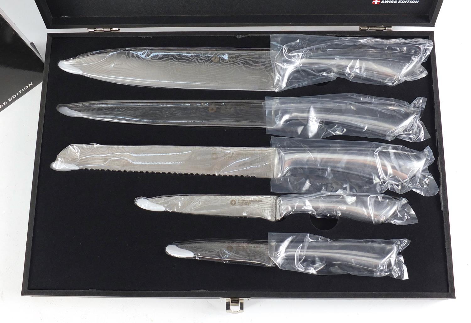 As new Swiss five piece knife set with Damask steel blades and fitted case :For Further Condition - Image 2 of 4