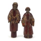 Good pair of Chinese lacquered carved wood figures, the largest 27.5cm high :For Further Condition