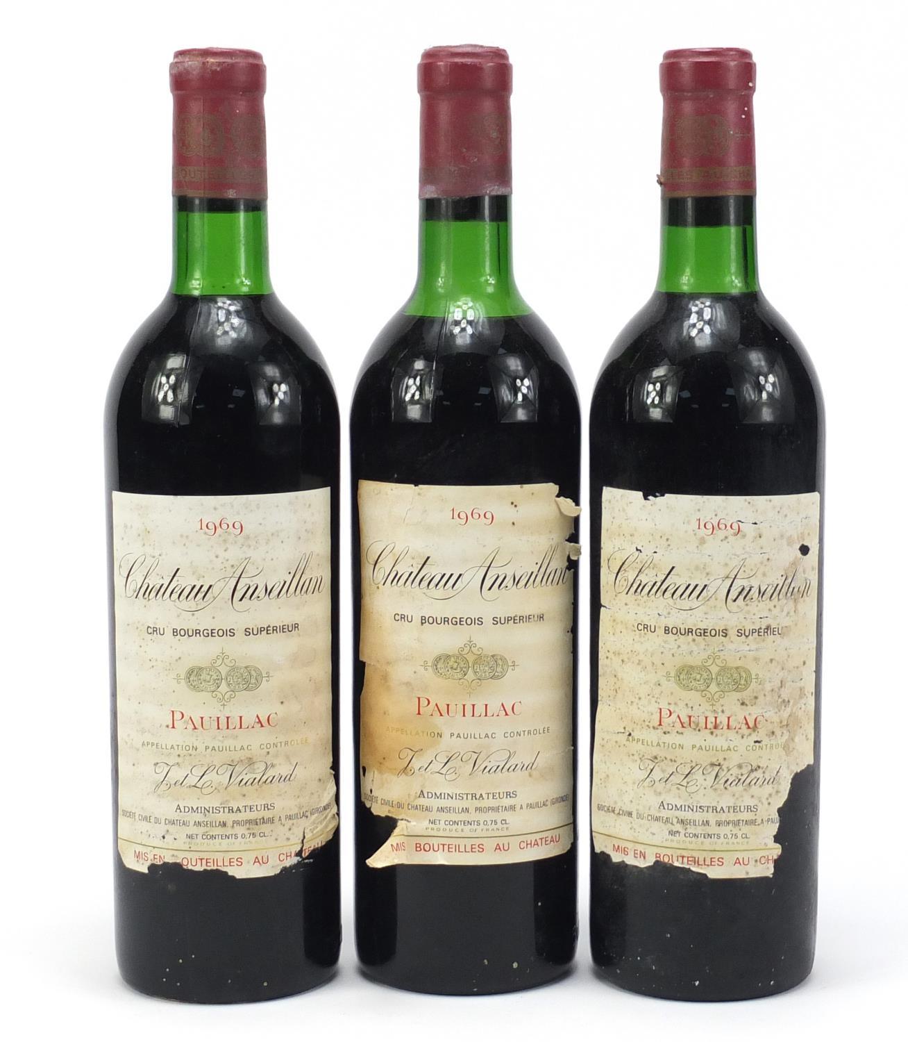 Three bottles of 1969 Chateau Anseillan Pauillac red wine :For Further Condition Reports Please