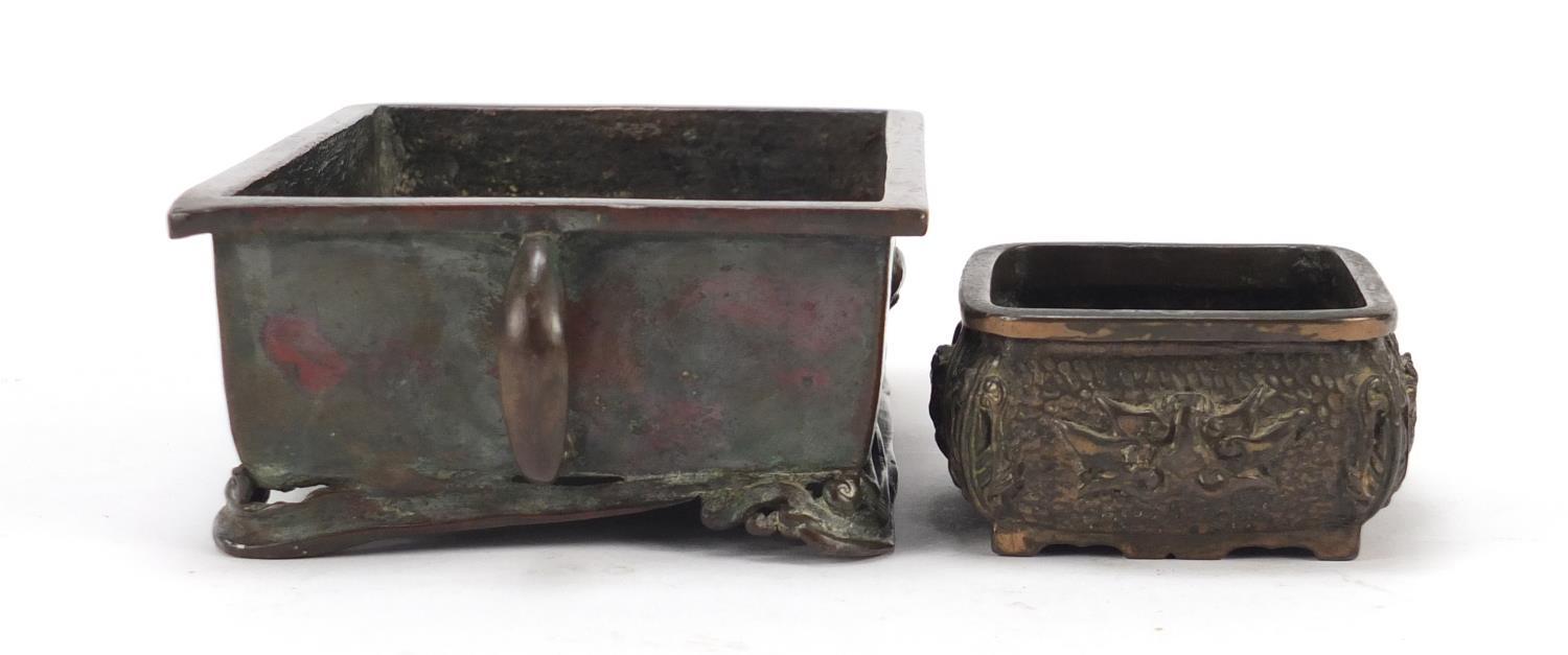 Pair of Japanese patinated bronze bonsai planters including one with twin handles, the largest 18. - Image 4 of 9