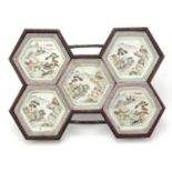 Good set of five Chinese porcelain dishes housed in a hardwood stand, each dish finely hand