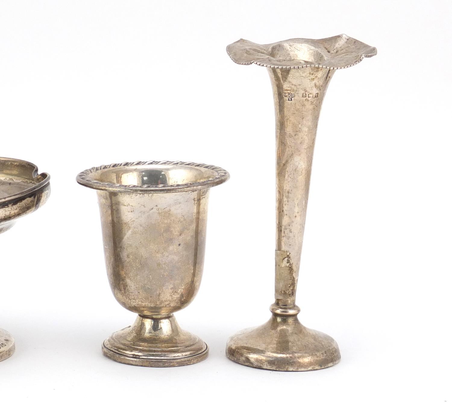 Silver items comprising two vases, a pedestal bonbon dish and a Victorian shell shaped open salt, - Image 7 of 12