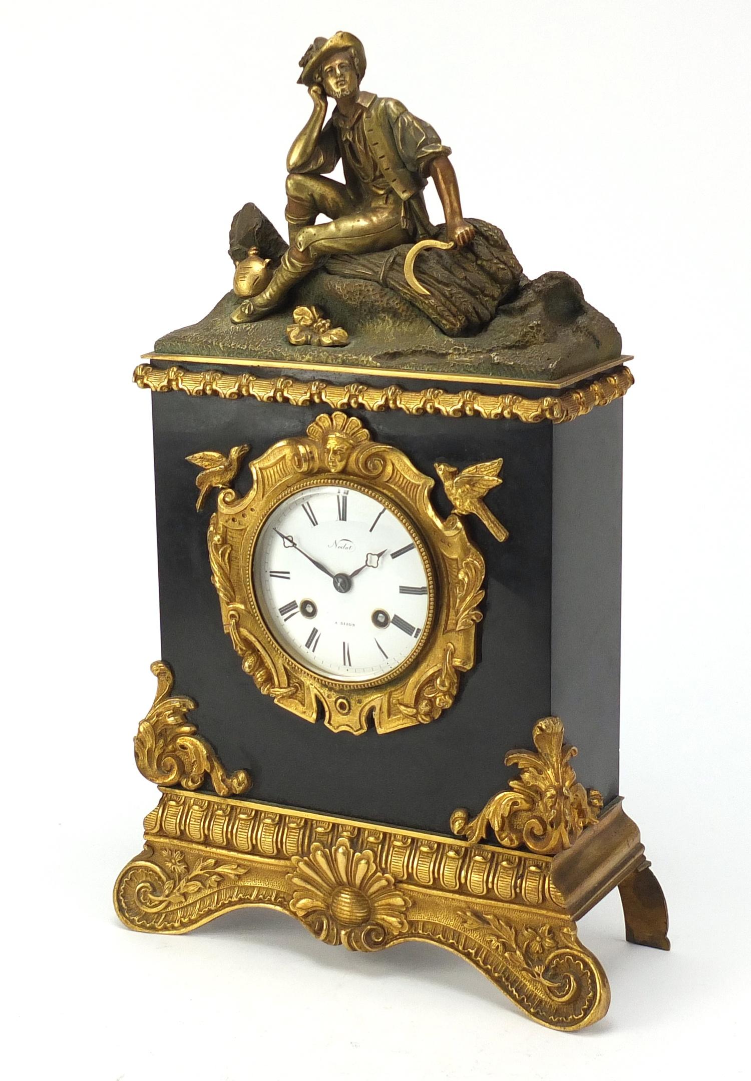 19th century French Ormalu and black slate figural shelf clock with silk suspension by Pickard,