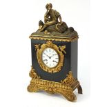 19th century French Ormalu and black slate figural shelf clock with silk suspension by Pickard,