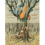 Nude female under a tree, Surreal School watercolour, bearing a signature Magrette, mounted and