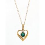 9ct gold green stone love heart pendant on a 9ct gold necklace, 0.9g :For Further Condition