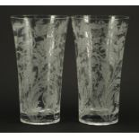 Pair of Christofle Orangerie glass vases etched with flowers, 29.5cm high :For Further Condition