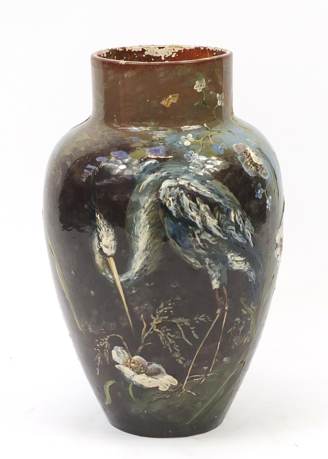 Large Victorian Aesthetic pottery vase painted with heron and flowers, 56cm high :For Further