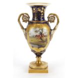 19th century porcelain vase with twin handles, finely hand painted with a panel of a huntsman on