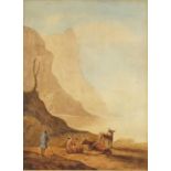 John Skinner Prout 1848 - Shepherd with cattle beside water, 19th century watercolour and wash,