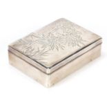 Japanese silver cigarette box, the lift off lid engraved with chrysanthemums, impressed character