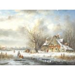 Manner of Van Clerf - Dutch snowy winter landscape, oil on board, framed, 40cm x 30cm :For Further