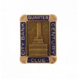 10ct gold and enamel City Bank Quarter Century Club lapel pin, 1.5cm in length, 3.2g :For Further