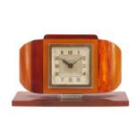 Art Deco butterscotch and cherry amber coloured bakelite alarm desk clock with bayard movement, 16.