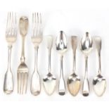 Five Georgian silver teaspoons and three Victorian silver forks, various hallmarks, the largest 18.