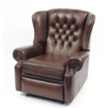 Brown leather wingback reclining armchair with button back, 99cm high :For Further Condition Reports