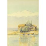 Lady D Kaye - Oriental scene and villa before snowy peak, signed, watercolour, mounted and framed,