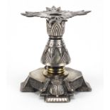 Elkington & Co Egyptian revival silver plated candlestick, impressed marks and numbered 11623 to the