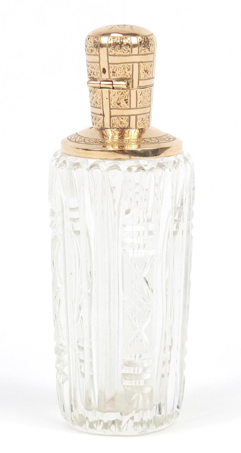 Dutch cut glass scent bottle with 14K gold mounts engraved with flowers, impressed oak leaf to the - Image 2 of 5