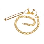 9ct gold jewellery comprising bracelet, bar brooch and two earings, 11.3g :For Further Condition