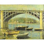 Manner of R Le Rossett - Boats by a bridge, French impressionist oil on board, framed, 48cm x