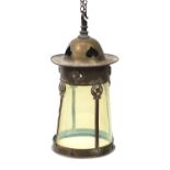 Art Nouveau brass lantern housing a vaseline glass shade, 33cm high :For Further Condition Reports