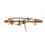 Art Nouveau 9ct gold, blue stone and seed pearl bar brooch, 4.5cm in length, 2.3g :For Further