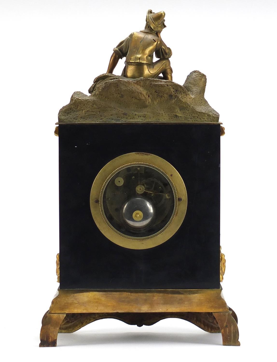 19th century French Ormalu and black slate figural shelf clock with silk suspension by Pickard, - Image 7 of 10