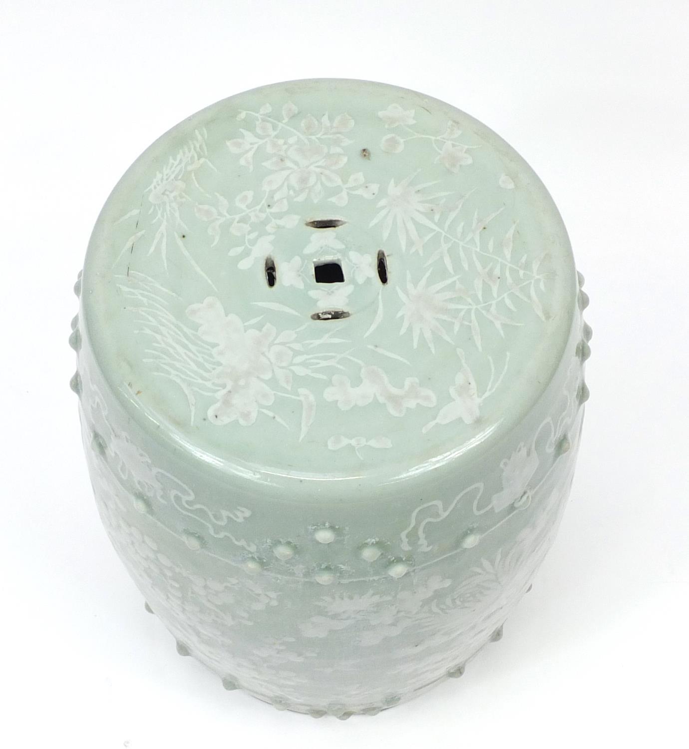 Chinese celadon glaze barrel shaped garden seat, hand painted with birds of paradise and butterflies - Image 2 of 5