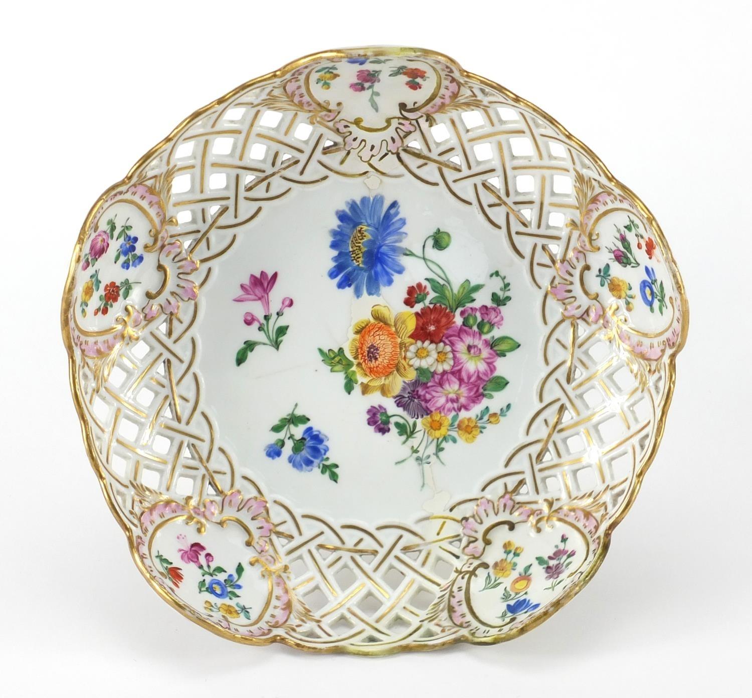 19th century Meissen porcelain tazza having a pierced rim, hand painted with stylised flowers, - Image 3 of 6